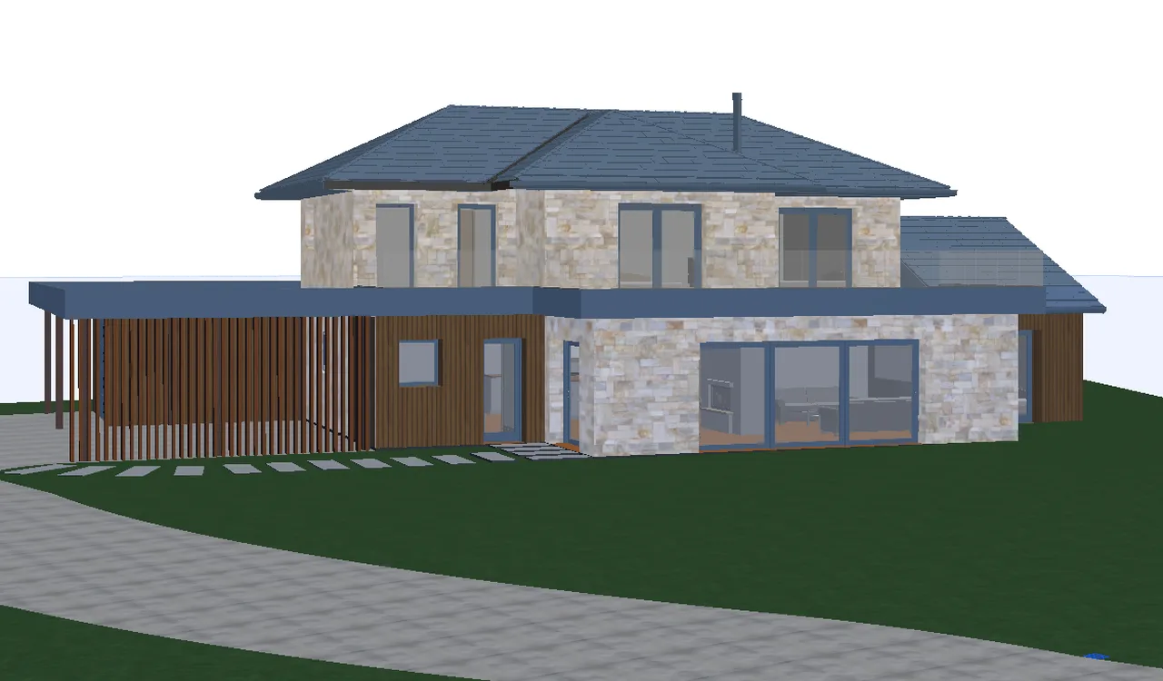Capture d'écran d'une maquette ArchiCAD d'une maison, sans textures ni éclairage