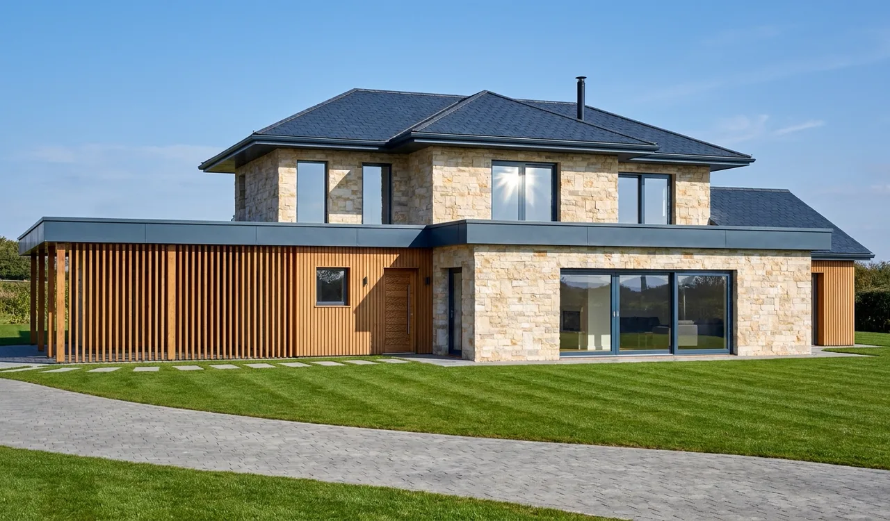 Rendu photoréaliste de la même maison généré par Studio IA, avec matériaux et éclairage naturel