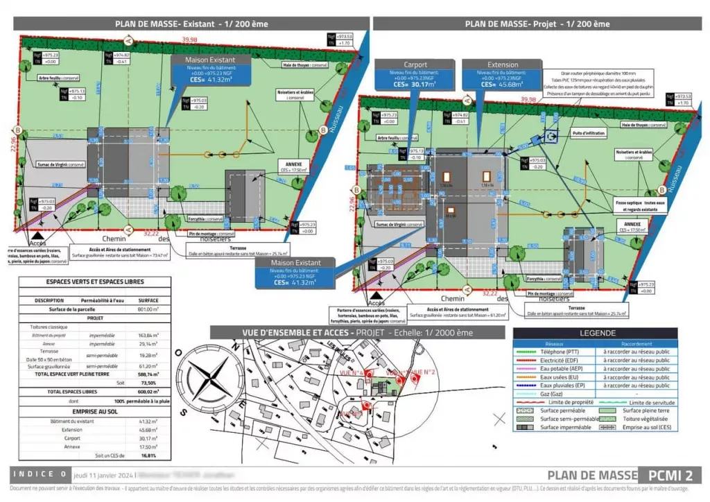 Plan de masse PC2 coté pour un permis de construire de maison individuelle