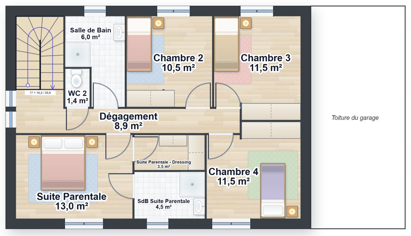 Plan meublé de l’étage : la suite parentale avec dressing et salle d’eau, trois chambres de 10,5 à 11,5 m², la salle de bains, le WC et le dégagement ; le toit du garage à côté